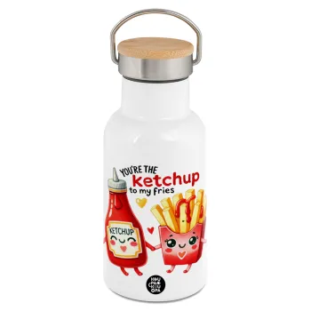 Ketchup To My Fries, Metallic thermos (Stainless steel) White with wooden lid (bamboo), double-walled, 350ml