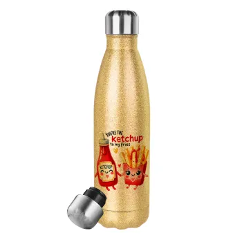 Ketchup To My Fries, Glitter gold stainless steel thermos bottle, double-walled, 500ml