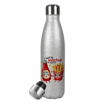 Ketchup To My Fries, Metallic Glitter Silver Thermos Flask (Stainless steel), double-walled, 500ml