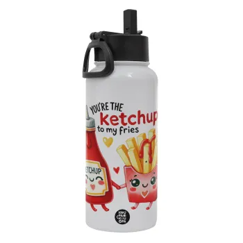Ketchup To My Fries, Μεταλλικό παγούρι θερμός Λευκό με καλαμάκι και χερούλι (Stainless steel), διπλού τοιχώματος, 950ml