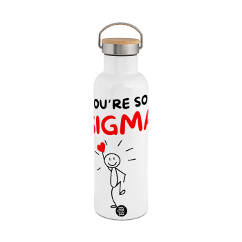 Sigma Valentine's Day , Μεταλλικό παγούρι θερμός (Stainless steel) Λευκό με ξύλινο καπάκι (bamboo), διπλού τοιχώματος, 750ml