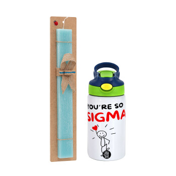 Sigma Valentine's Day , Easter Set, Children's thermal stainless steel bottle with safety straw, green/blue (350ml) & aromatic flat Easter candle (30cm) (TURQUOISE)