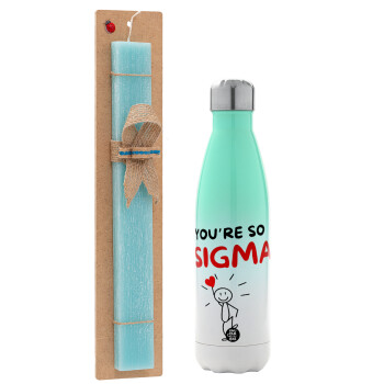 Sigma Valentine's Day , Easter Set, Metallic green/white thermos (Stainless steel), double-walled, 500ml & scented flat Easter candle (30cm) (TURQUOISE)