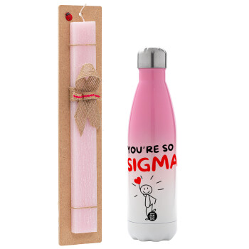 Sigma Valentine's Day , Easter Set, Metallic pink/white (Stainless steel) thermos, double-walled, 500ml & aromatic flat Easter candle (30cm) (PINK)