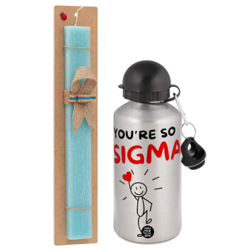 Sigma Valentine's Day , Easter Set, metallic silver aluminum water bottle (500ml) & scented flat Easter candle (30cm) (TURQUOISE)