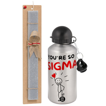 Sigma Valentine's Day , Πασχαλινή Λαμπάδα με παγούρι μεταλλικό Ασημένιο αλουμινίου (500ml) & κερί αρωματικό πλακέ (30cm) (ΓΚΡΙ)