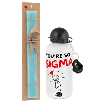 Sigma Valentine's Day , Easter Set, metallic aluminum water bottle (500ml) & scented flat candle (30cm) (TURQUOISE)