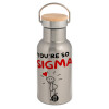 Stainless steel metallic thermos flask, silver with a bamboo lid, double-walled, 350ml.