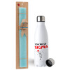 Easter Set, metallic stainless steel water bottle (750ml) & aromatic flat Easter candle (30cm) (TURQUOISE)