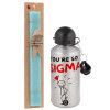Easter Set, metallic silver aluminum water bottle (500ml) & scented flat Easter candle (30cm) (TURQUOISE)