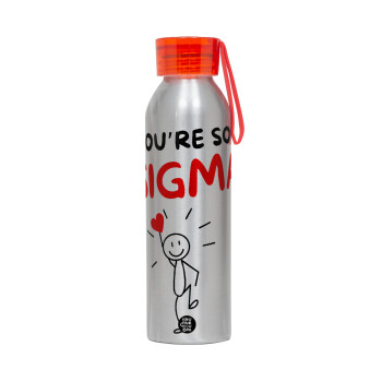 Sigma Valentine's Day , Aluminum Sports Bottle 650ml – Silver with Red Cap and Silicone Strap