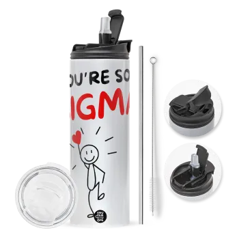 Sigma Valentine's Day , Travel Tumbler 2 Lids, with metal straw & cleaning brush (Stainless steel 304 Food grade, BPA free, 600ml)