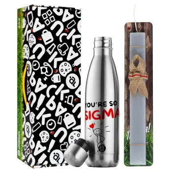 Sigma Valentine's Day , Easter Set, metallic stainless thermos flask (500ml) & scented flat Easter candle (30cm) (GRAY)