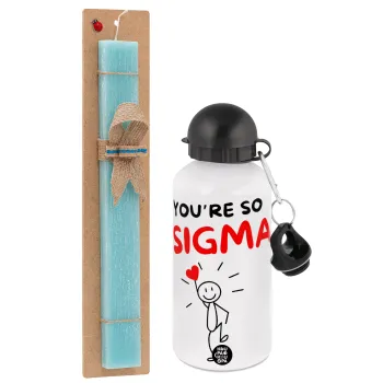 Sigma Valentine's Day , Easter Set, metallic aluminum water bottle (500ml) & scented flat candle (30cm) (TURQUOISE)