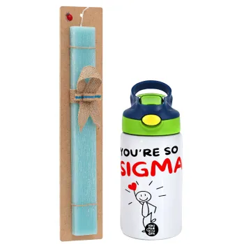 Sigma Valentine's Day , Πασχαλινή Λαμπάδα με Παιδικό παγούρι θερμό, ανοξείδωτο, με καλαμάκι ασφαλείας, πράσινο/μπλε (350ml) & κερί αρωματικό πλακέ (30cm) (ΤΙΡΚΟΥΑΖ)