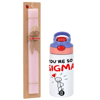 Sigma Valentine's Day , Easter Set, Children's thermal stainless steel water bottle with safety straw, pink/purple (350ml) & Easter scented flat candle (30cm) (PINK)
