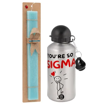 Sigma Valentine's Day , Easter Set, metallic silver aluminum water bottle (500ml) & scented flat Easter candle (30cm) (TURQUOISE)