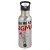 Water bottle Silver with straw, stainless steel 600ml