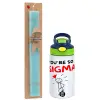 Easter Set, Children's thermal stainless steel bottle with safety straw, green/blue (350ml) & aromatic flat Easter candle (30cm) (TURQUOISE)