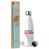 Easter Set, metallic stainless steel water bottle (750ml) & aromatic flat Easter candle (30cm) (TURQUOISE)