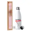 Easter Set, metallic stainless steel water bottle (750ml) & scented flat Easter candle (30cm) (PINK)