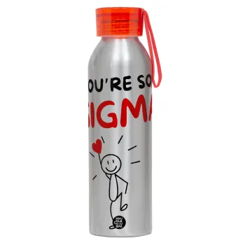 Sigma Valentine's Day , Αλουμινένιο Αθλητικό Μπουκάλι 650ml – Ασημί με Κόκκινο Καπάκι και Λουράκι Σιλικόνης