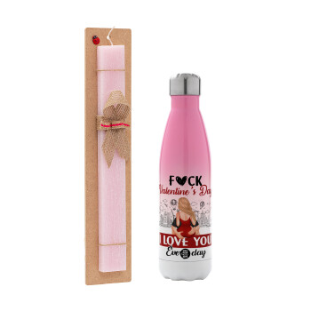 I love You Everyday , Easter Set, Metallic pink/white (Stainless steel) thermos, double-walled, 500ml & aromatic flat Easter candle (30cm) (PINK)