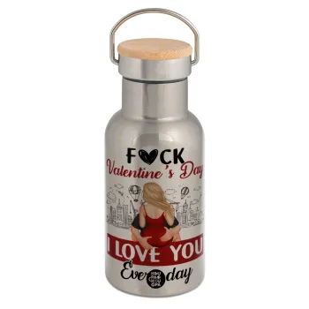 I love You Everyday , Stainless steel metallic thermos flask, silver with a bamboo lid, double-walled, 350ml.
