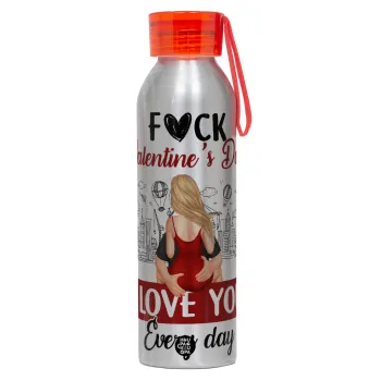 I love You Everyday , Αλουμινένιο Αθλητικό Μπουκάλι 650ml – Ασημί με Κόκκινο Καπάκι και Λουράκι Σιλικόνης