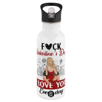 I love You Everyday , White water bottle with straw, stainless steel 600ml