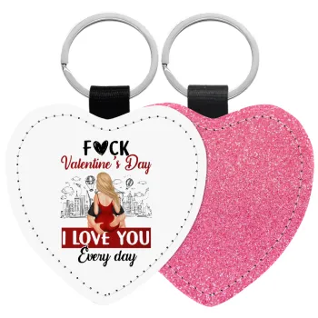 I love You Everyday , Μπρελόκ PU δερμάτινο glitter καρδιά ΡΟΖ