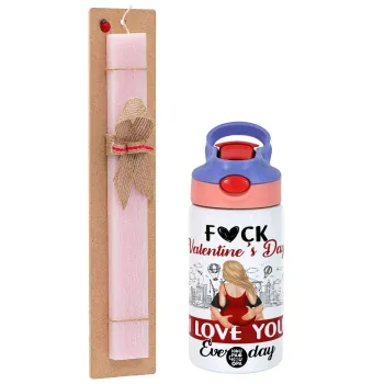 I love You Everyday , Easter Set, Children's thermal stainless steel water bottle with safety straw, pink/purple (350ml) & Easter scented flat candle (30cm) (PINK)