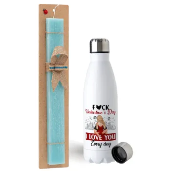 I love You Everyday , Easter Set, metallic stainless steel water bottle (750ml) & aromatic flat Easter candle (30cm) (TURQUOISE)