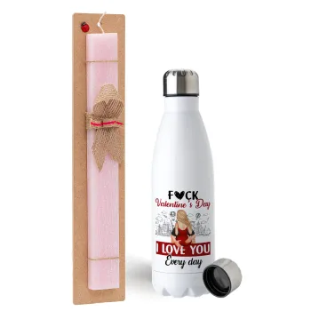 I love You Everyday , Easter Set, metallic stainless steel water bottle (750ml) & scented flat Easter candle (30cm) (PINK)