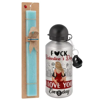 I love You Everyday , Easter Set, metallic silver aluminum water bottle (500ml) & scented flat Easter candle (30cm) (TURQUOISE)