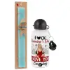 Easter Set, metallic aluminum water bottle (500ml) & scented flat candle (30cm) (TURQUOISE)