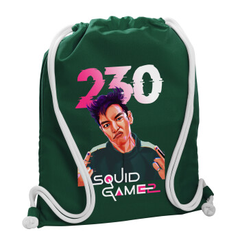 Squid game 2, Thanos 230, Τσάντα πλάτης πουγκί GYMBAG BOTTLE GREEN, με τσέπη (40x48cm) & χονδρά λευκά κορδόνια