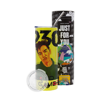 Squid game 2, Thanos 230, Neon Yellow Travel Tumbler θερμό, μεταλλικό καλαμάκι(Ανωξείδωτο 304 Food grade, BPA free, 600ml)