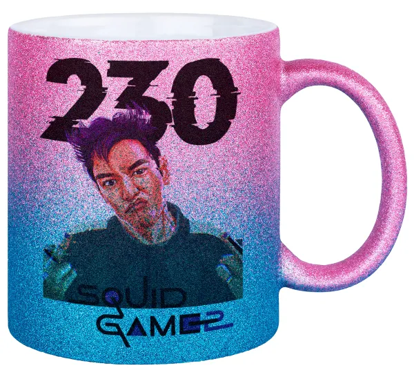 Squid game 2 — Gold/blue glitter mug, ceramic, 330ml