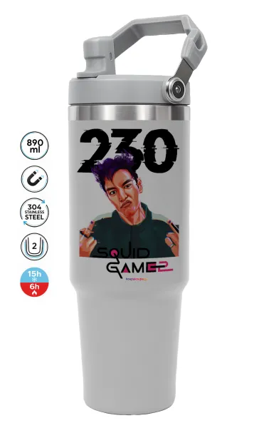 Squid game 2 — ΓΚΡΙ Travel Tumbler Θερμός με χερούλι και καλαμάκι 890ml