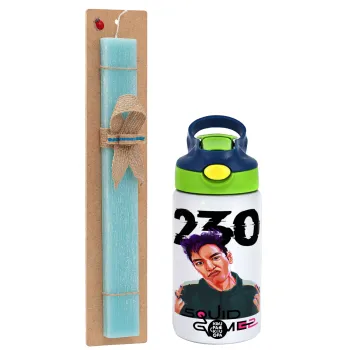 Squid game 2, Thanos 230, Easter Set, Children's thermal stainless steel bottle with safety straw, green/blue (350ml) & aromatic flat Easter candle (30cm) (TURQUOISE)