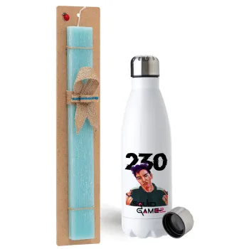 Squid game 2, Thanos 230, Easter Set, metallic stainless steel water bottle (750ml) & aromatic flat Easter candle (30cm) (TURQUOISE)