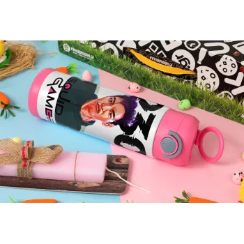 Squid game 2, Thanos 230, Easter candle, Childrens hot water bottle, stainless steel, with safety straw, PINK (500ml)