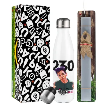 Squid game 2, Thanos 230, Easter candle, metallic white thermos bottle (500ml) & aromatic flat candle (30cm) (GRAY)