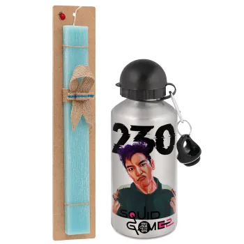 Squid game 2, Thanos 230, Πασχαλινή Λαμπάδα με παγούρι μεταλλικό Ασημένιο αλουμινίου (500ml) & κερί αρωματικό πλακέ (30cm) (ΤΙΡΚΟΥΑΖ)