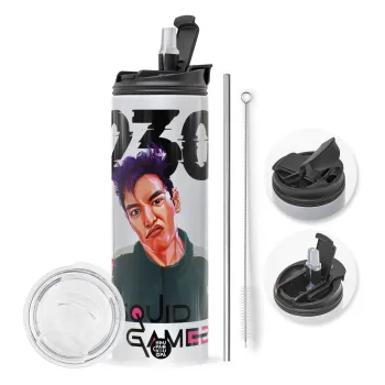 Squid game 2, Thanos 230, Travel Tumbler 2 Lids, with metal straw & cleaning brush (Stainless steel 304 Food grade, BPA free, 600ml)