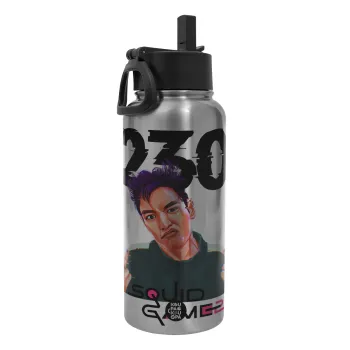 Squid game 2, Thanos 230, Metal mug thermo Silver with Straw and Spout Lid (Stainless steel), double wall, 950ml