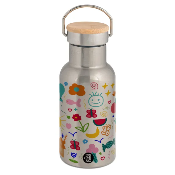 Παιδική φαντασία — Stainless steel metallic thermos flask, silver with a bamboo lid, double-walled, 350ml.