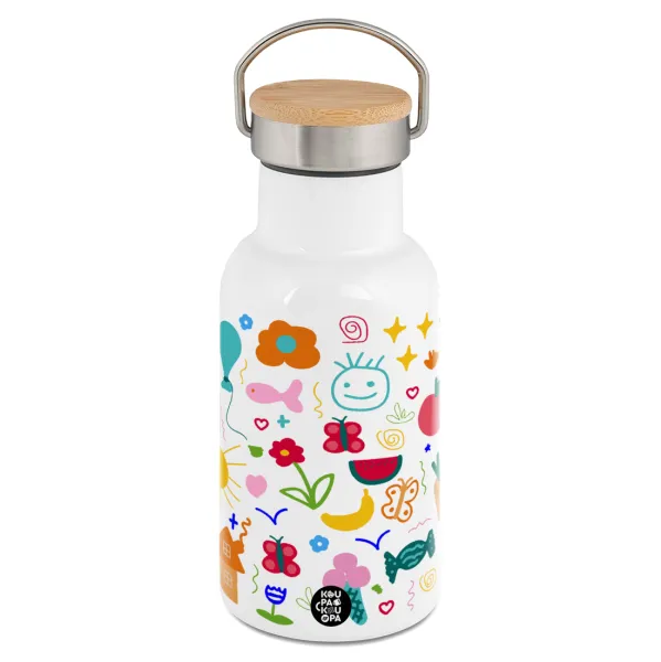 Παιδική φαντασία — Metallic thermos (Stainless steel) White with wooden lid (bamboo), double-walled, 350ml