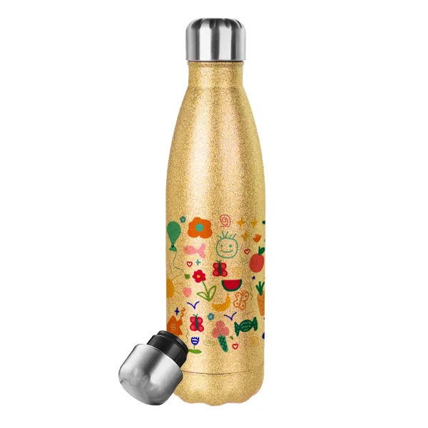 Παιδική φαντασία — Glitter gold stainless steel thermos bottle, double-walled, 500ml